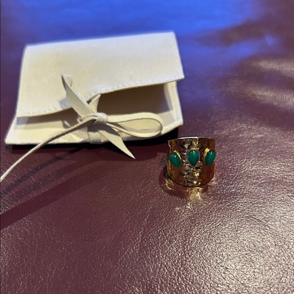 Anthro Ring - Hammered 14k Gold Plated Cuff Ring With Green Stone Accents - Picture 7 of 8